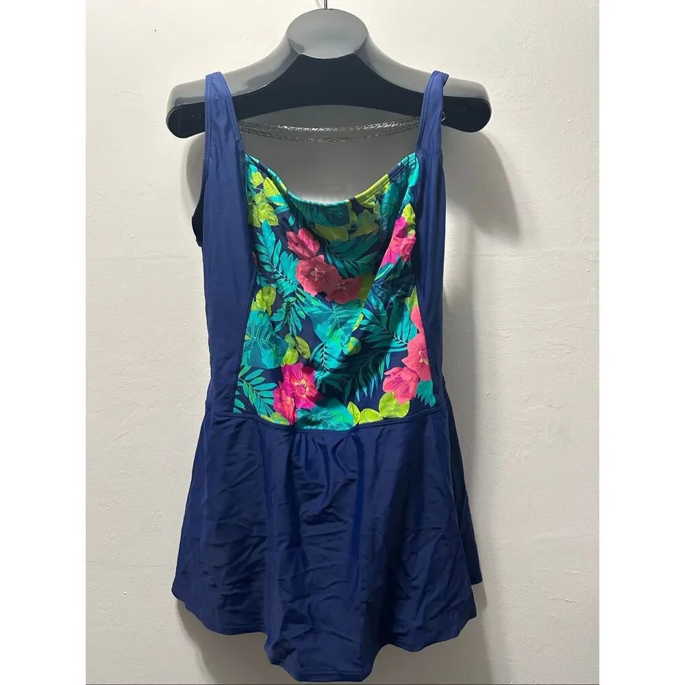 Gabar Plus Size 22W Navy Floral Skirted One Piece Swimsuit Adjustable